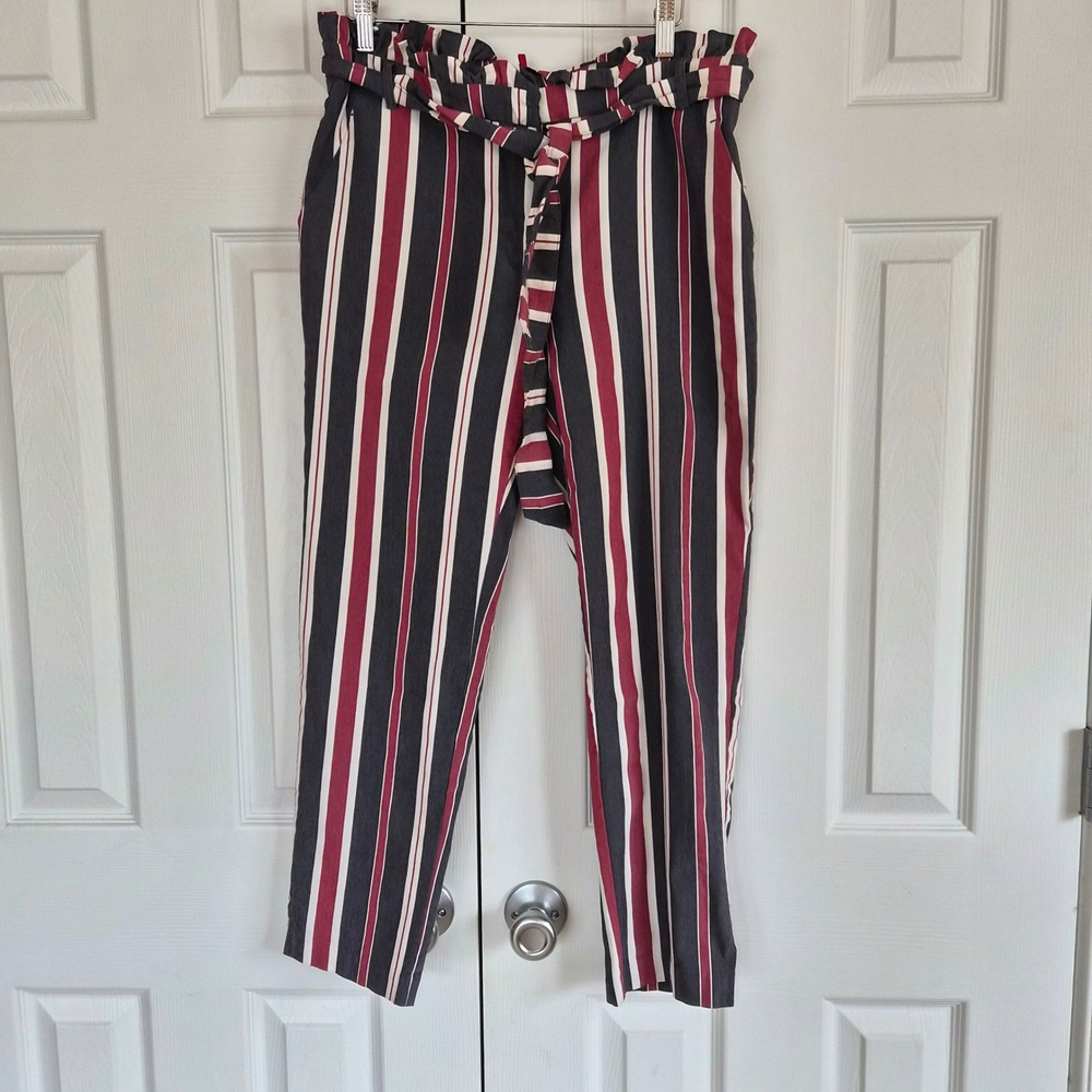 Love Scarlett Striped Paperbag Waist Pants Burgundy Navy White 12 Belted